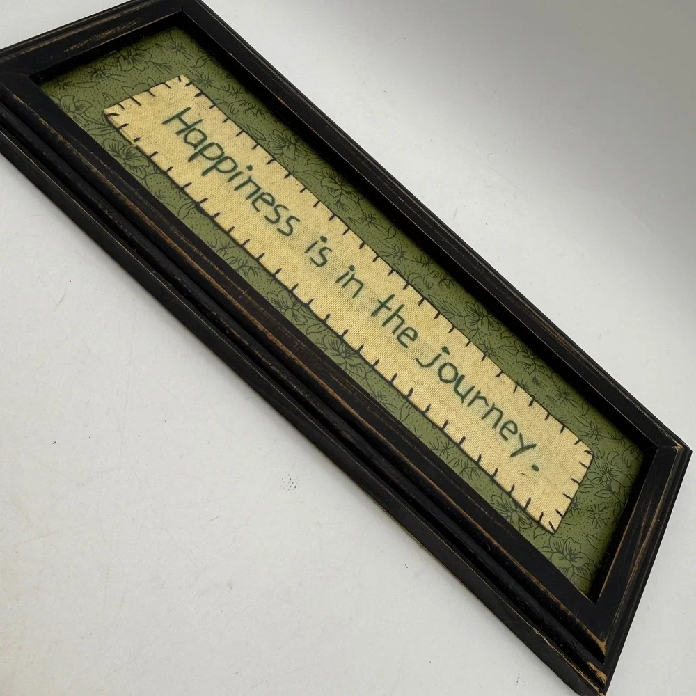 Hand Stitched Wall Art Green Happiness is in the Journey Framed Sign